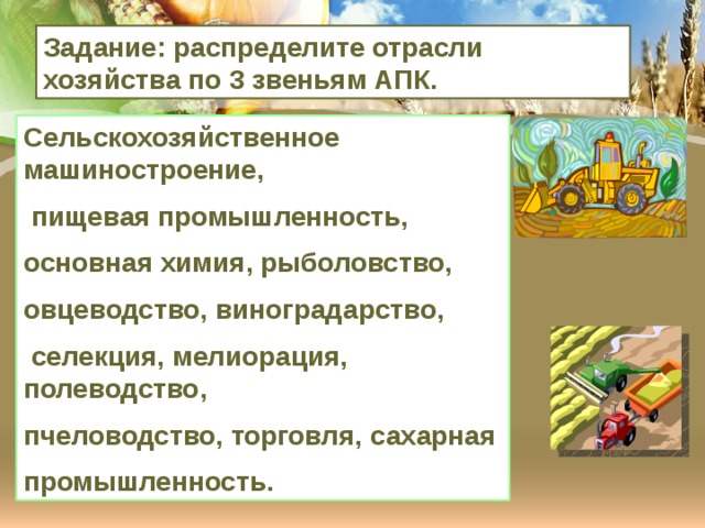 Задание: распределите отрасли хозяйства по 3 звеньям АПК. Сельскохозяйственное машиностроение,  пищевая промышленность, основная химия, рыболовство, овцеводство, виноградарство,  селекция, мелиорация, полеводство, пчеловодство, торговля, сахарная промышленность. 