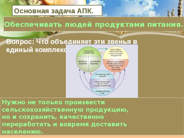 Основная задача АПК. Обеспечивать людей продуктами питания. Вопрос: Что объединяет эти звенья в единый комплекс? Нужно не только произвести сельскохозяйственную продукцию, но и сохранить, качественно переработать и вовремя доставить населению. 