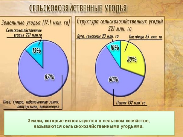  Земли, которые используются в сельском хозяйстве,  называются сельскохозяйственными угодьями.  