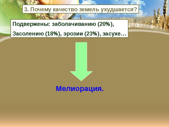 3. Почему качество земель ухудшается? Подвержены: заболачиванию (20%), Засолению (18%), эрозии (23%), засухе… Мелиорация. 