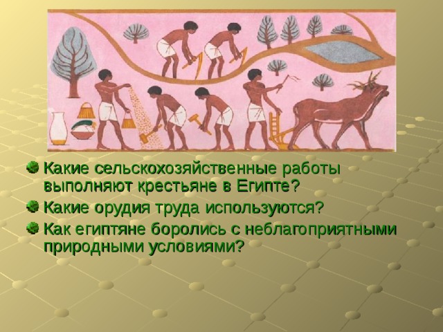 Какие сельскохозяйственные работы выполняют крестьяне в Египте? Какие орудия труда используются? Как египтяне боролись с неблагоприятными природными условиями? 