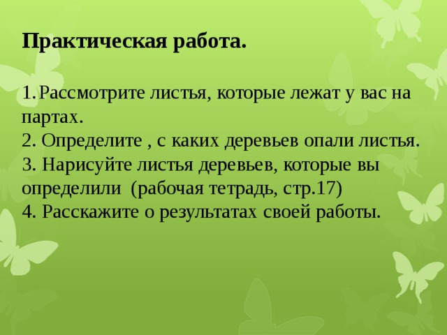 Практическая работа.  Рассмотрите листья, которые лежат у вас на партах. 2. Определите , с каких деревьев опали листья. 3. Нарисуйте листья деревьев, которые вы определили (рабочая тетрадь, стр.17) 4. Расскажите о результатах своей работы. 
