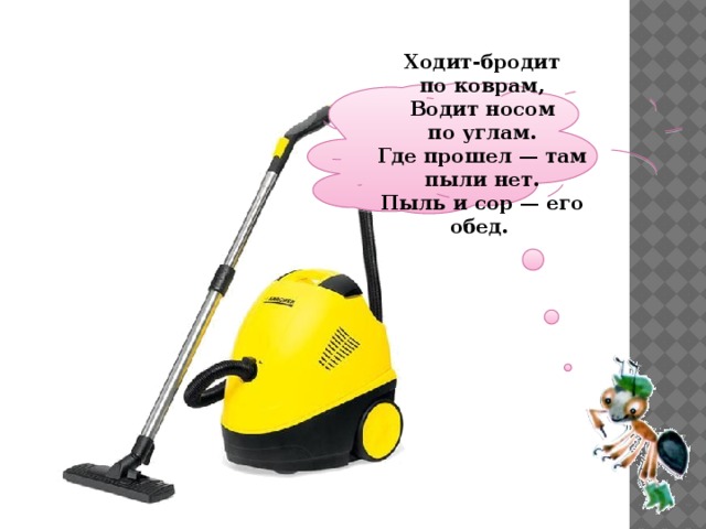 Ходит-бродит по коврам,  Водит носом по углам.  Где прошел — там пыли нет.  Пыль и сор — его обед. 