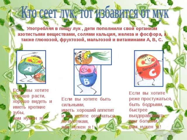Употребляя в пищу лук , дети пополнили свой организм азотистыми веществами, солями кальция, железа и фосфора, а также глюкозой, фруктозой, мальтозой и витаминами А, В, С. Если вы хотите хорошо расти, хорошо видеть и иметь крепкие зубы, вам нужен я! Если вы хотите реже простужаться, быть бодрыми, быстрее выздоравливать при болезни, вам нужен я ! Если вы хотите быть сильными, иметь хороший аппетит и не хотите огорчаться по пустякам, вам нужен я ! 