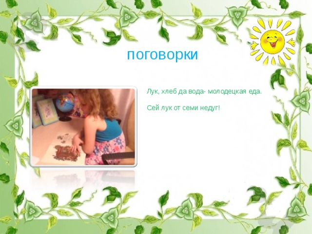 поговорки Лук, хлеб да вода- молодецкая еда. Сей лук от семи недуг! 