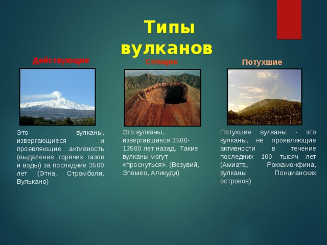 Типы вулканов Действующие Спящие Потухшие Это вулканы, извергавшиеся 3500-13500 лет назад. Такие вулканы могут «проснуться». (Везувий, Эпомео, Аликуди) Потухшие вулканы - это вулканы, не проявляющие активности в течение последних 100 тысяч лет (Амиата, Роккамонфина, вулканы Понцианских островов) Это вулканы, извергающиеся и проявляющие активность (выделение горячих газов и воды) за последние 3500 лет (Этна, Стромболи, Вулькано) 