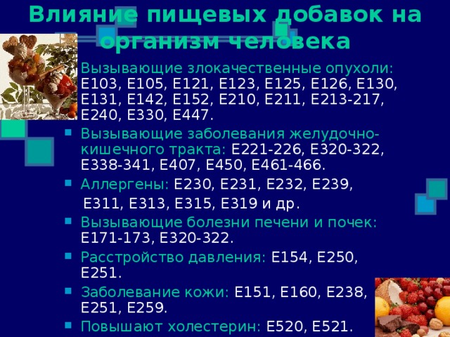 Влияние пищевых добавок на организм человека Вызывающие злокачественные опухоли: Е 103, Е 105, Е 121, Е 123, Е 125, Е 126, Е 130, Е 131, Е 142, Е 152, Е 210, Е 211, Е 213-217, Е 240, Е 330, Е 447. Вызывающие заболевания желудочно-кишечного тракта: Е 221-226, Е 320-322, Е 338-341, Е 407, Е 450, Е 461-466. Аллергены: Е 230, Е 231, Е 232, Е 239,  Е 311 , Е313, Е315, Е319 и др . Вызывающие болезни печени и почек:  Е 171-173, Е 320-322. Расстройство давления: Е154, Е250, Е251. Заболевание кожи: Е151, Е160, Е238, Е251, Е259. Повышают холестерин: Е520, Е521.   