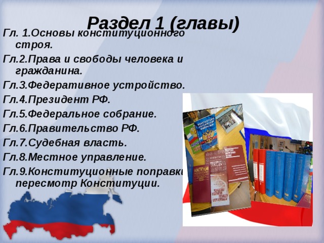  Раздел 1 (главы) Гл. 1.Основы конституционного строя. Гл.2.Права и свободы человека и гражданина. Гл.3.Федеративное устройство. Гл.4.Президент РФ. Гл.5.Федеральное собрание. Гл.6.Правительство РФ. Гл.7.Судебная власть. Гл.8.Местное управление. Гл.9.Конституционные поправки и пересмотр Конституции. 