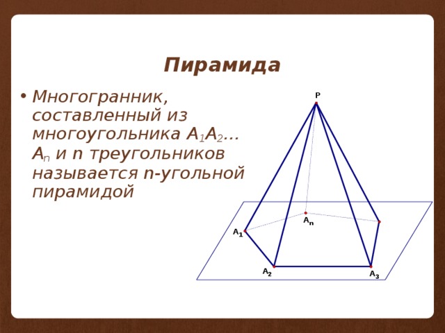 Пирамида Многогранник, составленный из многоугольника A 1 A 2 …A n и n треугольников называется n-угольной пирамидой 