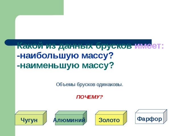 имеет:  -наибольшую массу?  Объемы брусков одинаковы. ПОЧЕМУ? Фарфор Чугун Алюминий Золото 