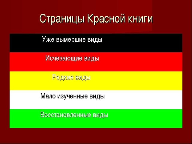 КРАСНАЯ КНИГА Вероятно исчезнувшие - нахождение которых в природе не подтверждено в последние 50 лет, но возможность их сохранения нельзя исключить. Находящиеся под угрозой исчезновения - численность особей которых уменьшилась до критического уровня или число их местонахождений настолько сократилось, что в ближайшее время они могут исчезнуть. Сокращающиеся в численности – животные с неуклонно сокращающейся численностью, которые при дальнейшем воздействии факторов (изменения условий существования или разрушения местообитаний, воздействие человека) могут в короткие сроки попасть в категорию находящихся под угрозой исчезновения. Редкие – животные с невысокой численностью, встречающиеся на ограниченной территории для выживания которых необходимо принятие специальных мер охраны. Восстанавливаемые и восстанавливающиеся . 