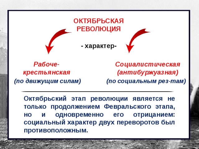 ОКТЯБРЬСКАЯ РЕВОЛЮЦИЯ - характер- Рабоче- Социалистическая крестьянская (антибуржуазная) (по движущим силам) (по социальным рез-там) Октябрьский этап революции является не только продолжением Февральского этапа, но и одновременно его отрицанием: социальный характер двух переворотов был противоположным.  