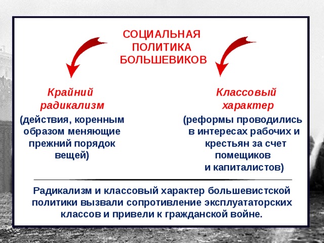 СОЦИАЛЬНАЯ ПОЛИТИКА БОЛЬШЕВИКОВ Крайний Классовый радикализм характер (действия, коренным образом меняющие прежний порядок вещей) (реформы проводились в интересах рабочих и  крестьян за счет помещиков и капиталистов) Радикализм и классовый характер большевистской политики вызвали сопротивление эксплуататорских классов и привели к гражданской войне.  