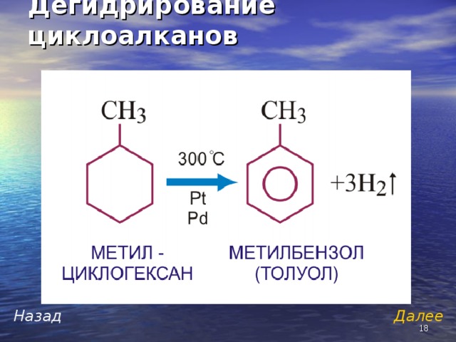 Дегидрирование циклоалканов Далее Назад  