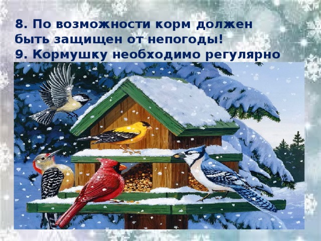 8. По возможности корм должен быть защищен от непогоды! 9. Кормушку необходимо регулярно чистить! 