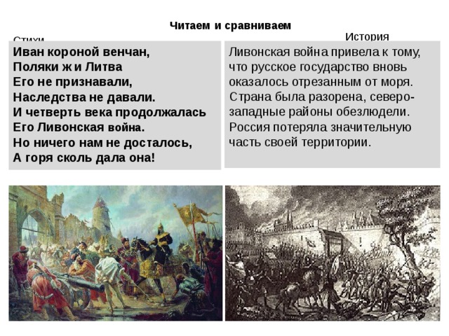 Читаем  и сравниваем История Стихи Иван короной венчан, Поляки ж и Литва Его не признавали, Наследства не давали. И четверть века продолжалась Его Ливонская война . Но ничего нам не досталось, А горя сколь дала она! Ливонская война привела к тому, что русское государство вновь оказалось отрезанным от моря. Страна была разорена, северо-западные районы обезлюдели. Россия потеряла значительную часть своей территории. 