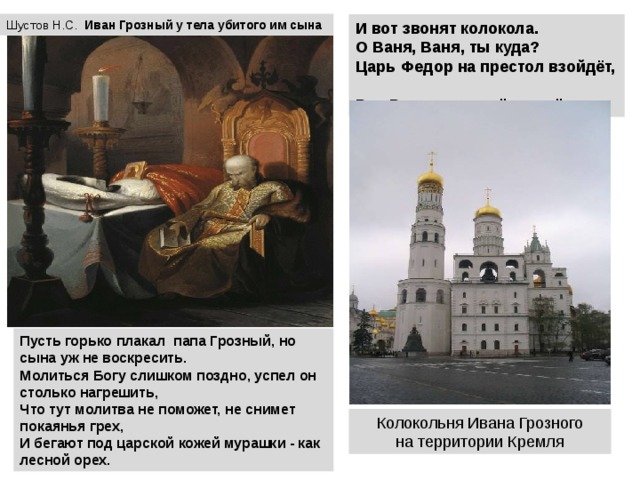 Шустов Н.С. Иван  Грозный у тела убитого им сына И вот звонят колокола. О Ваня, Ваня, ты куда? Царь Федор на престол взойдёт, Род Рюриков на нём умрёт. Пусть горько плакал папа Грозный, но сына уж не воскресить.  Молиться Богу слишком поздно, успел он столько нагрешить,  Что тут молитва не поможет, не снимет покаянья грех,  И бегают под царской кожей мурашки - как лесной орех. Колокольня Ивана Грозного  на территории Кремля 