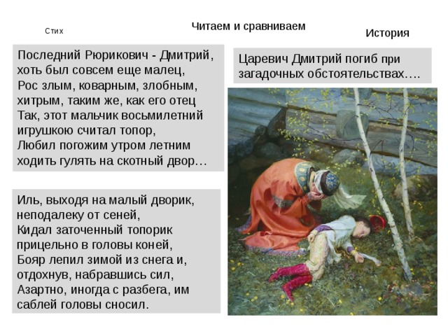 Читаем и сравниваем История Стих Последний Рюрикович - Дмитрий, хоть был совсем еще малец,  Рос злым, коварным, злобным, хитрым, таким же, как его отец  Так, этот мальчик восьмилетний игрушкою считал топор,  Любил погожим утром летним ходить гулять на скотный двор… Царевич Дмитрий погиб при загадочных обстоятельствах…. Иль, выходя на малый дворик, неподалеку от сеней,  Кидал заточенный топорик прицельно в головы коней,  Бояр лепил зимой из снега и, отдохнув, набравшись сил,  Азартно, иногда с разбега, им саблей головы сносил. 