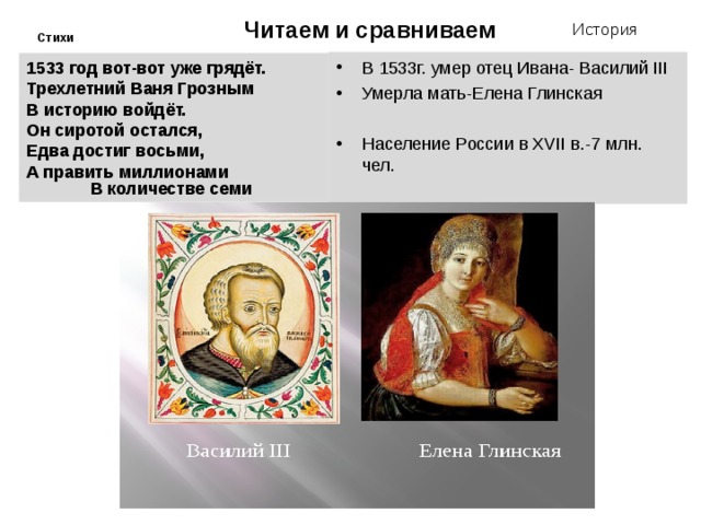  История Читаем и сравниваем Стихи В 1533г. умер отец Ивана- Василий III Умерла мать-Елена Глинская  Население России в XVII в.-7 млн. чел.  1533 год вот-вот уже грядёт. Трехлетний Ваня Грозным В историю войдёт. Он сиротой остался, Едва достиг восьми, А править миллионами В количестве семи  