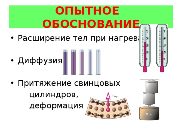 ОПЫТНОЕ ОБОСНОВАНИЕ Расширение тел при нагревании Диффузия Притяжение свинцовых  цилиндров,  деформация 