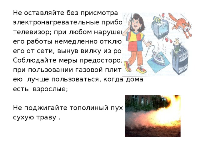 Не оставляйте без присмотра электронагревательные приборы, телевизор; при любом нарушении его работы немедленно отключите его от сети, вынув вилку из розетки. Соблюдайте меры предосторожности при пользовании газовой плитой ; ею лучше пользоваться, когда дома есть взрослые; Не поджигайте тополиный пух и сухую траву . 