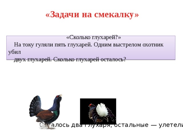 «Задачи на смекалку» «Сколько глухарей?» На току гуляли пять глухарей. Одним выстрелом охотник убил двух глухарей. Сколько глухарей осталось? Осталось два глухаря, остальные — улетели 