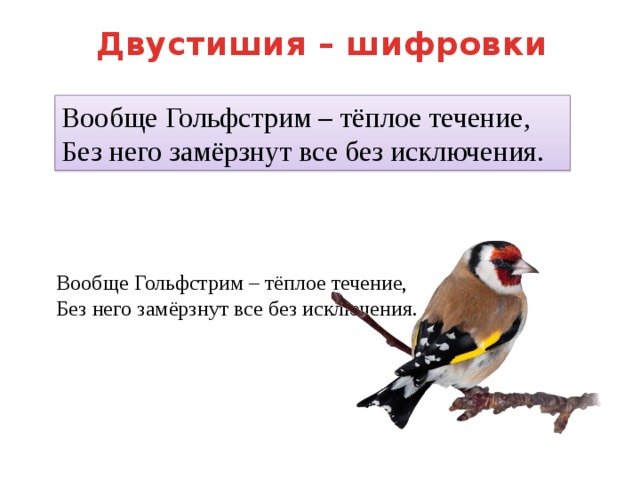 Двустишия – шифровки Вообще Гольфстрим – тёплое течение,  Без него замёрзнут все без исключения. Вообще Гольфстрим – тёплое течение,  Без него замёрзнут все без исключения. 