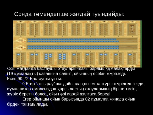 Сонда төмендегіше жағдай туындайды: Осы жағдайда бастаушы отауларындағы барлық құмалақтарды (19 құмалақты) қазанына салып, ойынның есебін жүргізеді. Есеп 90-72 Бастаушы ұтты.  9.Егер “атсырау” жағдайында қосымша жүріс жүрілген кезде, құмалақтар амалсыздан қарсыластың отауларының біріне түсіп, жүріс беретін болса, ойын әрі қарай жалғаса береді.  Егер ойыншы ойын барысында 82 құмалақ жинаса ойын бірден тоқтатылады. 
