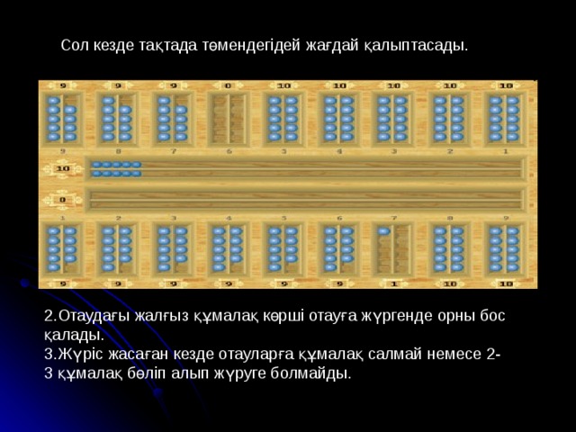 Сол кезде тақтада төмендегідей жағдай қалыптасады. 2.Отаудағы жалғыз құмалақ көрші отауға жүргенде орны бос қалады. 3.Жүріс жасаған кезде отауларға құмалақ салмай немесе 2-3 құмалақ бөліп алып жүруге болмайды. 