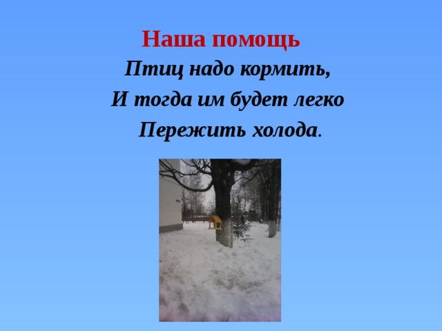 Наша помощь Птиц надо кормить, И тогда им будет легко  Пережить холода . 