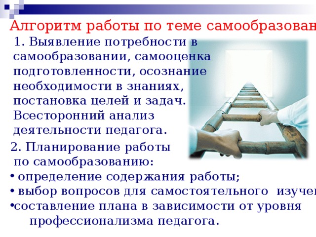 Алгоритм работы по теме самообразования  1. Выявление потребности в  самообразовании, самооценка  подготовленности, осознание  необходимости в знаниях,  постановка целей и задач.  Всесторонний анализ  деятельности педагога. 2. Планирование работы  по самообразованию:  определение содержания работы;  выбор вопросов для самостоятельного изучения; составление плана в зависимости от уровня  профессионализма педагога. 