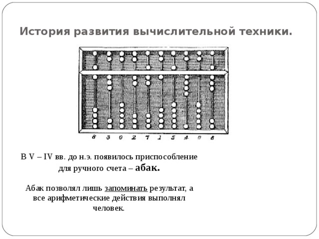 История развития вычислительной техники. В V – IV вв. до н.э. появилось приспособление для ручного счета – абак. Абак позволял лишь запоминать результат, а все арифметические действия выполнял человек.  