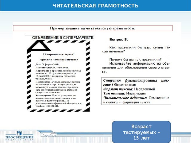 ЧИТАТЕЛЬСКАЯ ГРАМОТНОСТЬ Возраст тестируемых – 15 лет 