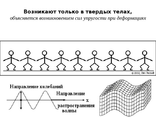 Возникают только в твердых телах, объясняется возникновением сил упругости при деформациях Электромагнитные волны, в том числе и свет, являются поперечными.  
