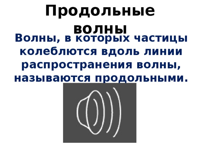 Продольные волны Волны, в которых частицы колеблются вдоль линии распространения волны, называются продольными. 