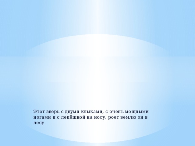 Этот зверь с двумя клыками, с очень мощными ногами и с лепёшкой на носу, роет землю он в лесу 