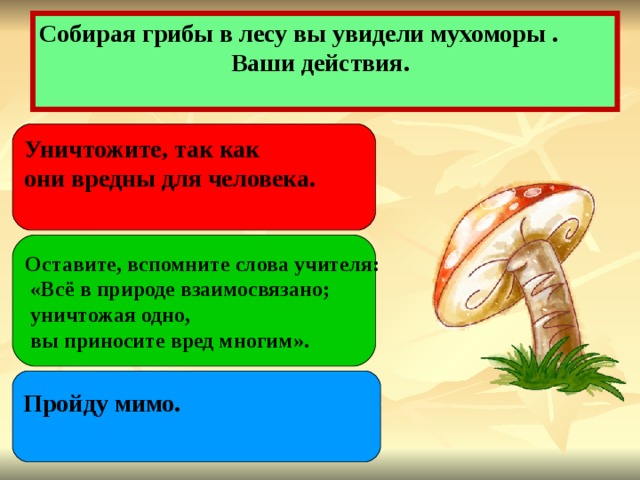 Собирая грибы в лесу вы увидели мухоморы .  Ваши действия. Уничтожите, так как они вредны для человека. Оставите, вспомните слова учителя:  «Всё в природе взаимосвязано;  уничтожая одно,  вы приносите вред многим». Пройду мимо. 