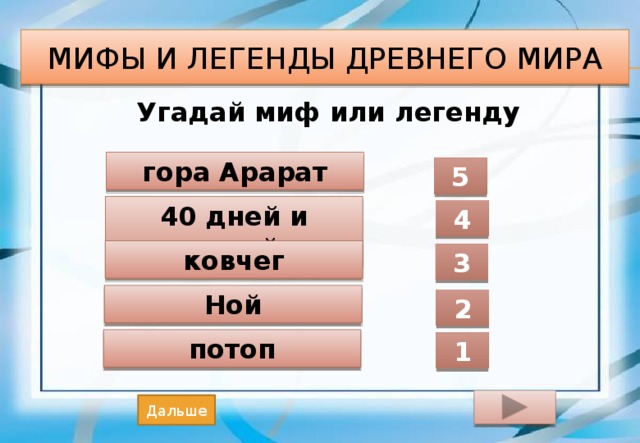 Мифы и легенды Древнего мира Угадай миф или легенду гора Арарат 5 40 дней и ночей 4 ковчег 3 Ной 2 потоп 1 Дальше