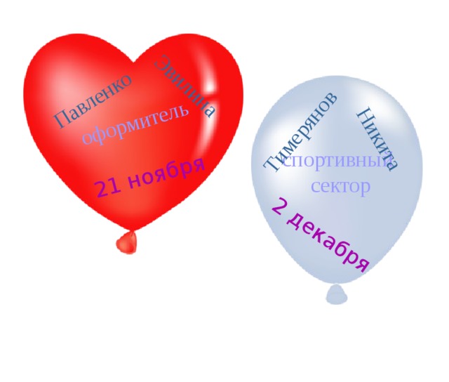 оформитель 21 ноября 2 декабря Никита Тимерянов Эвилина Павленко спортивный сектор 