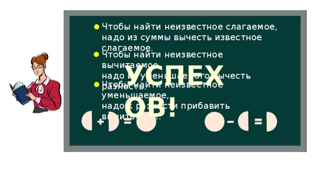 Чтобы найти неизвестное слагаемое, надо из суммы вычесть известное слагаемое. Чтобы найти неизвестное вычитаемое, надо из уменьшаемого вычесть разность. УСПЕХОВ! Чтобы найти неизвестное уменьшаемое, надо к разности прибавить вычитаемое.  
