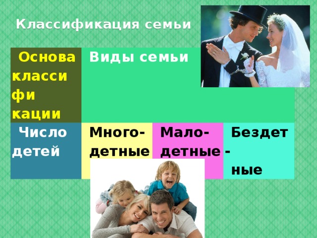 Классификация семьи Основа классифи­кации Виды семьи Число детей Много- детные Мало- детные Бездет- ные 