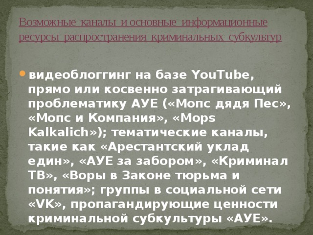 Возможные каналы и основные информационные ресурсы распространения криминальных субкультур видеоблоггинг на базе YouTube, прямо или косвенно затрагивающий проблематику АУЕ («Мопс дядя Пес», «Мопс и Компания», «Mops Kalkalich»); тематические каналы, такие как «Арестантский уклад един», «АУЕ за забором», «Криминал ТВ», «Воры в Законе тюрьма и понятия»; группы в социальной сети «VK», пропагандирующие ценности криминальной субкультуры «АУЕ». 