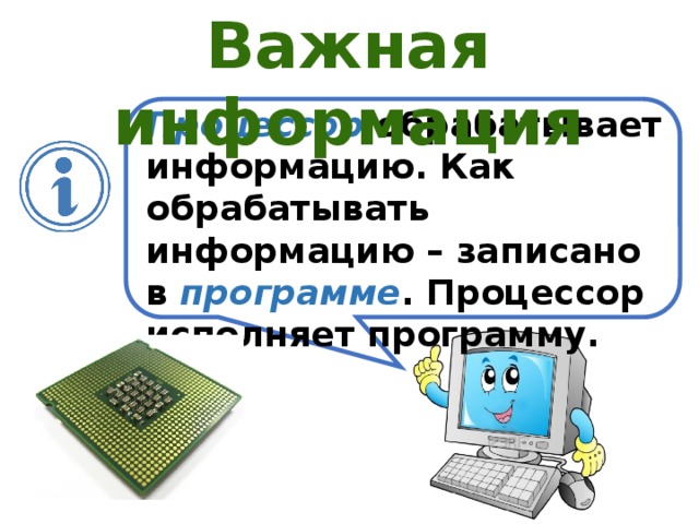 Важная информация Процессор обрабатывает информацию. Как обрабатывать информацию – записано в программе . Процессор исполняет программу. 