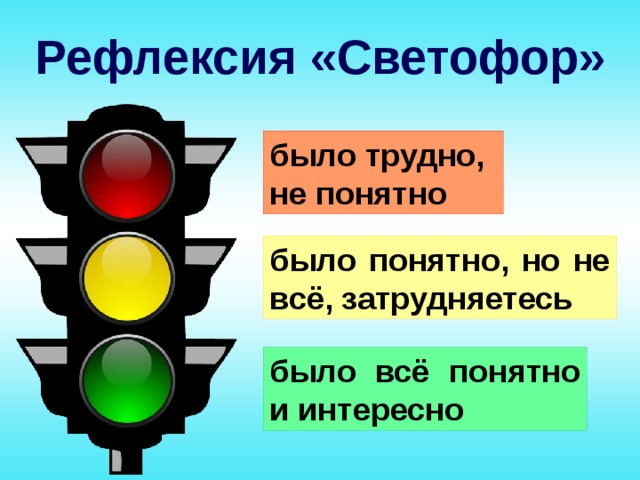 Рефлексия «Светофор»  было трудно, не понятно было понятно, но не всё, затрудняетесь было всё понятно и интересно 