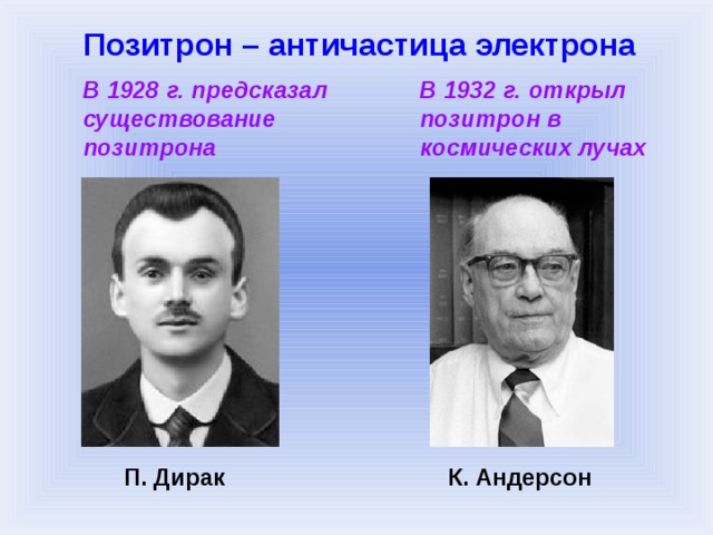 Позитрон – античастица электрона В 1928 г. предсказал существование позитрона В 1932 г. открыл позитрон в космических лучах П. Дирак К. Андерсон 