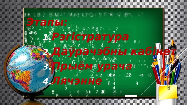 Этапы: Рэгістратура Даўрачэбны кабінет Прыём урача Лячэнне 
