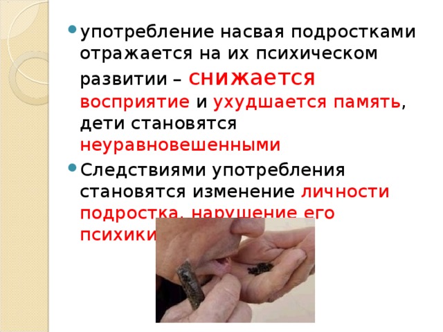 употребление насвая подростками отражается на их психическом развитии – снижается восприятие и ухудшается память , дети становятся неуравновешенными Следствиями употребления становятся изменение личности подростка, нарушение его психики.  