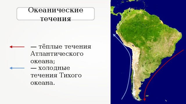 Океанические течения — тёплые течения Атлантического океана; — холодные течения Тихого океана. 