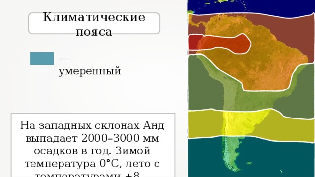 Климатические пояса — умеренный На западных склонах Анд выпадает 2000–3000 мм осадков в год. Зимой температура 0°С, лето с температурами +8…+10°С. 