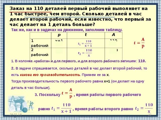 Заказ на 110 деталей первый рабочий выполняет на 1 час быстрее, чем второй. Сколько деталей в час делает второй рабочий, если известно, что первый за час делает на 1 деталь больше? Так же, как и в задачах на движение, заполним таблицу.      1. В колонке «работа» и для первого, и для второго рабочего запишем: 110. 2. В задаче спрашивается, сколько деталей в час делает второй рабочий, то есть какова его производительность . Примем ее за х . Тогда производительность первого рабочего равна х+1 (он делает на одну деталь в час больше).  3. Поскольку , время работы первого рабочего   равно , время работы второго равно . p 1 рабочий х+1 2 рабочий  t A х 110 110 29.01.18  